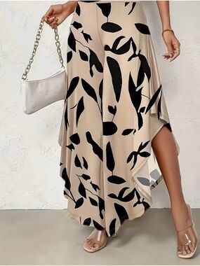 Beige Wide Leg Palazzo Pants Black Leaf Print Flowy Open Side Boho - Size XL